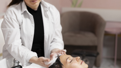 Women getting hair treatment in beauty salon Canada
