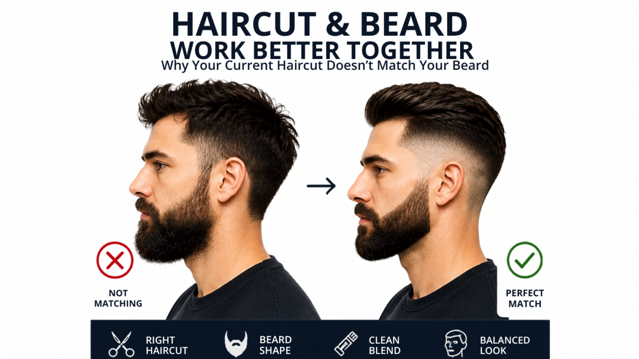 Side-by-side comparison showing how a well-matched haircut, beard shape, and clean blend create a balanced and polished men’s hairstyle.