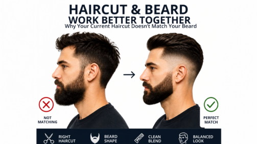 Side-by-side comparison showing how a well-matched haircut, beard shape, and clean blend create a balanced and polished men’s hairstyle.