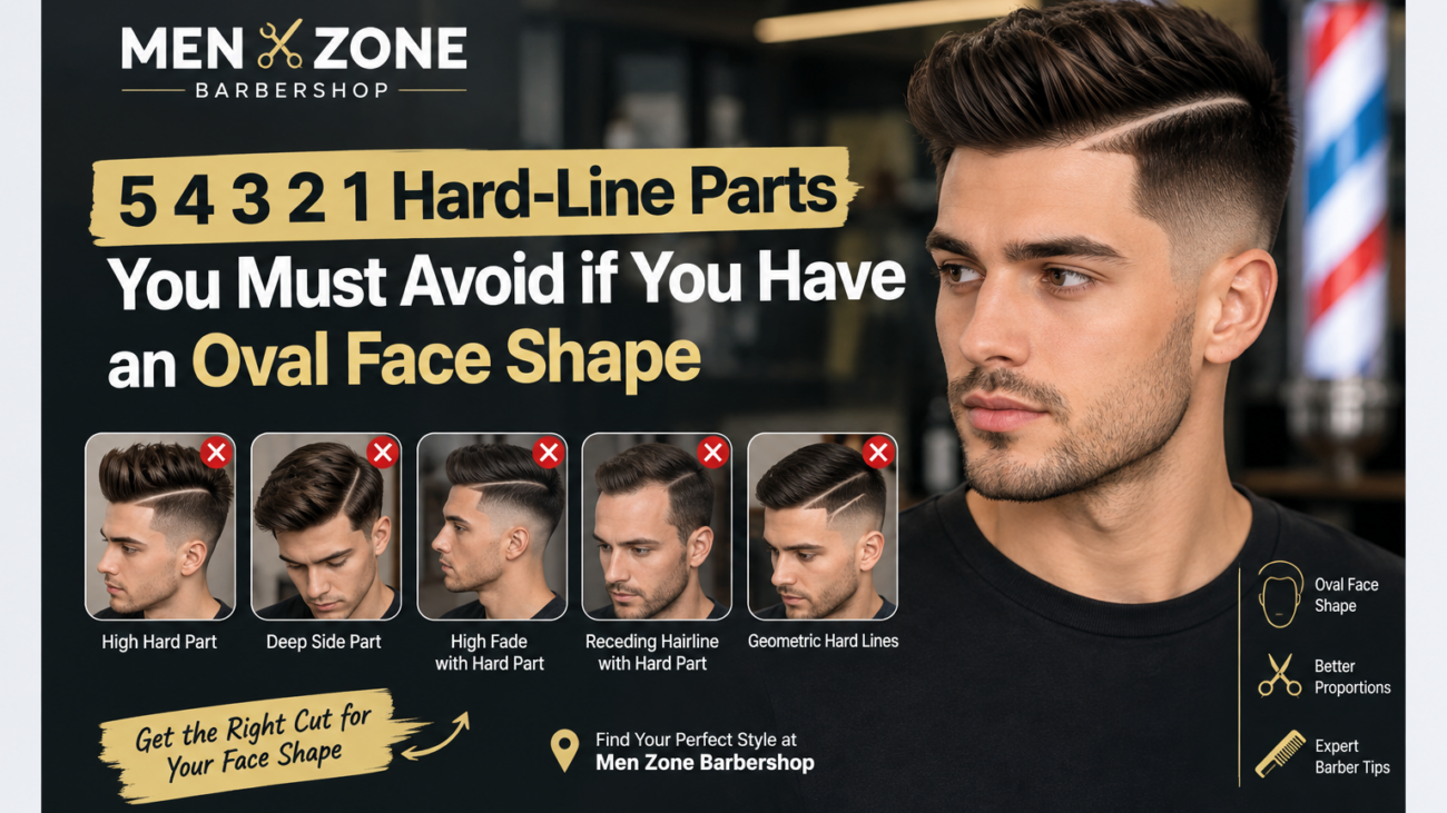 5 4 3 2 1 hard-line parts to avoid for men with an oval face shape at Men Zone Barbershop